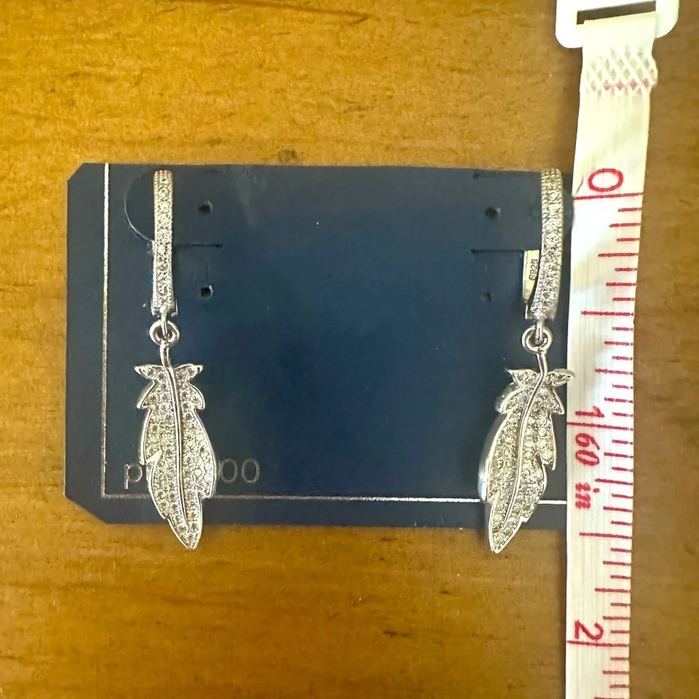 925 Silver with Faux Diamonds Feather Dangle Drop Earrings